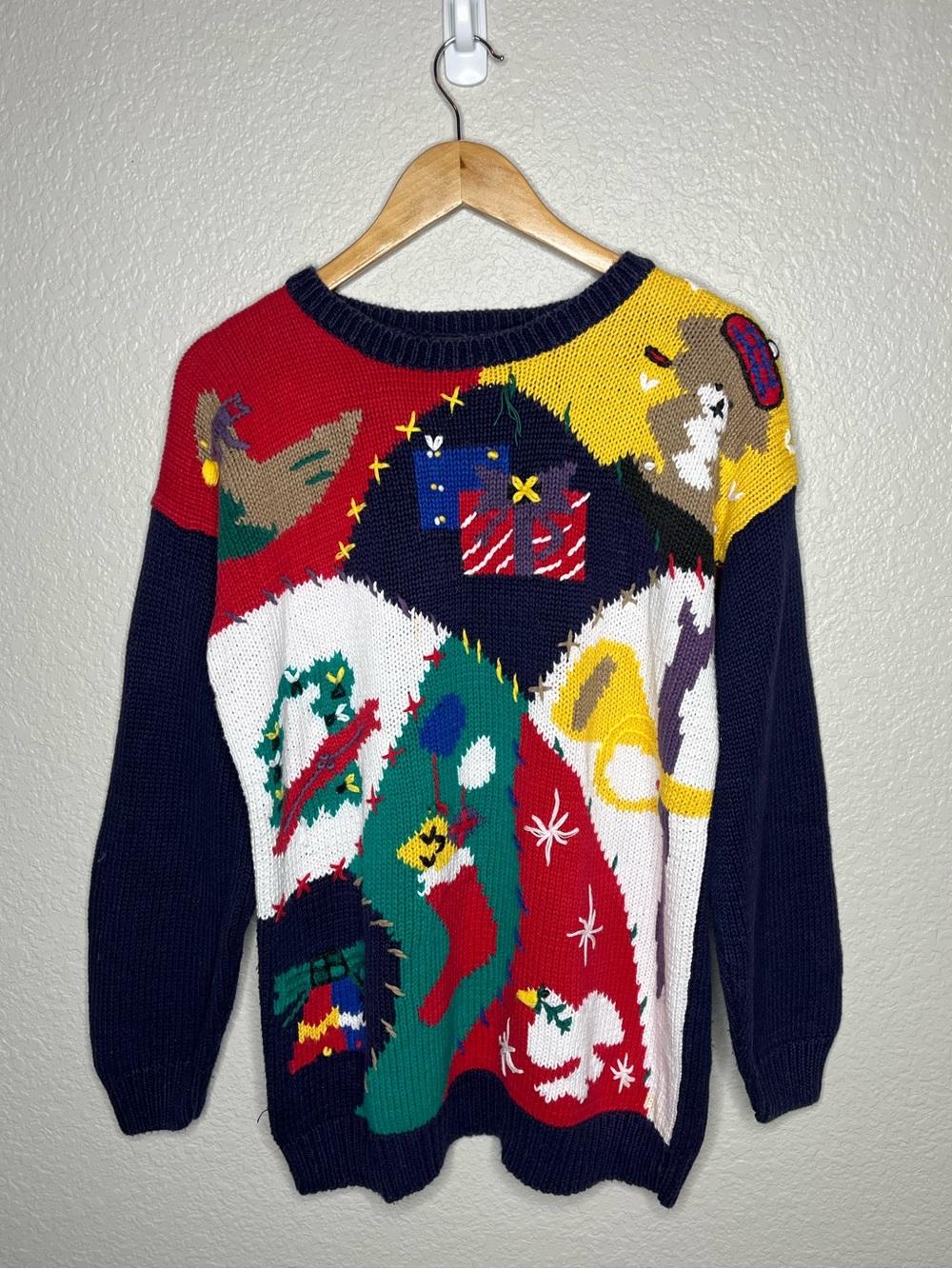 Yarnworks Vintage Christmas Ugly Sweater Patchwork Holiday Knit Size Large L